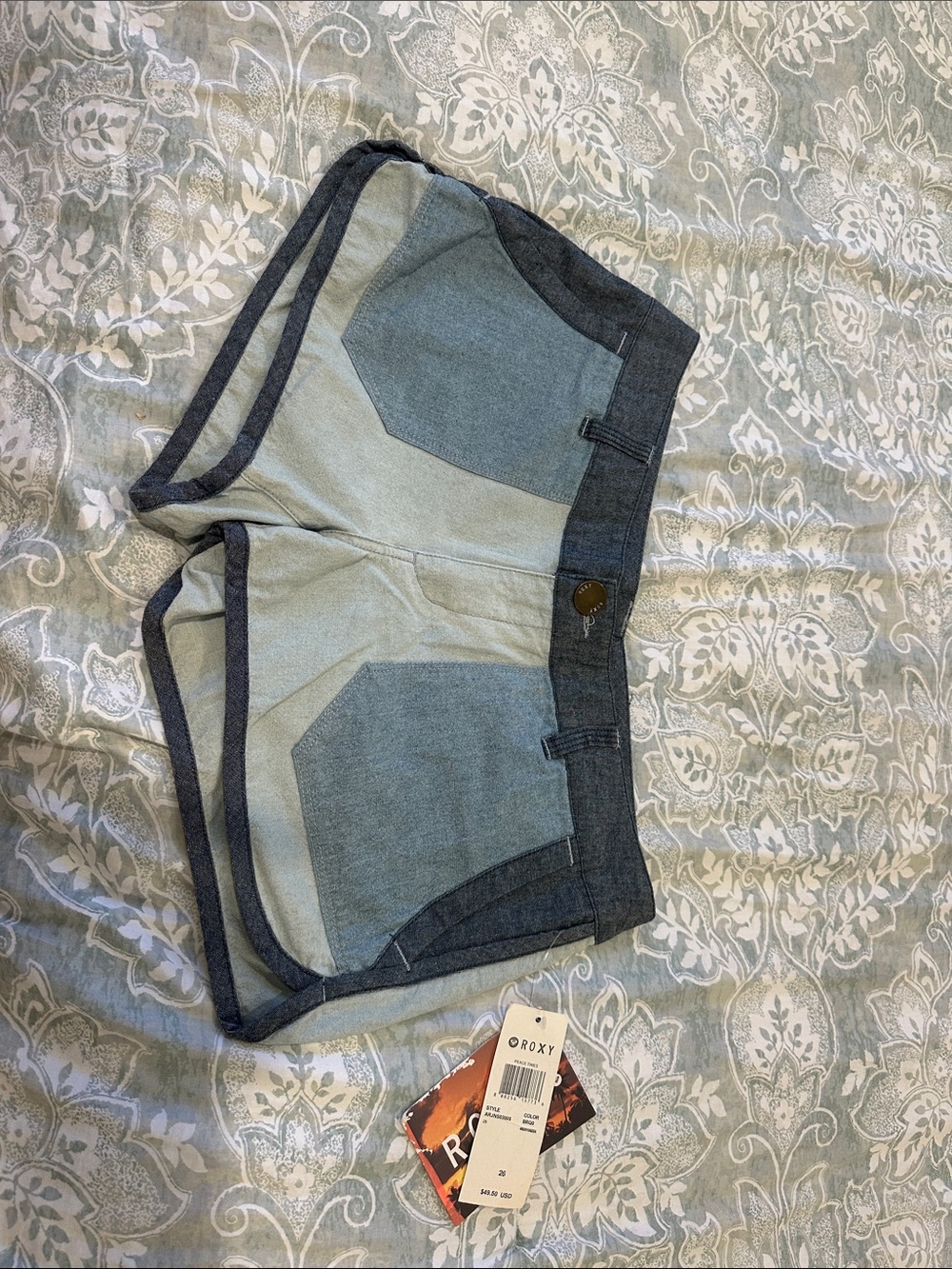 Roxy Denim Panel Shorts in Light & Dark Blue